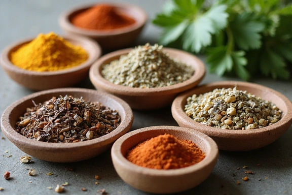 Zbliżenie na różnorodne zioła i przyprawy w miseczkach, symbolizujące naturalne metody wspomagania zdrowia.