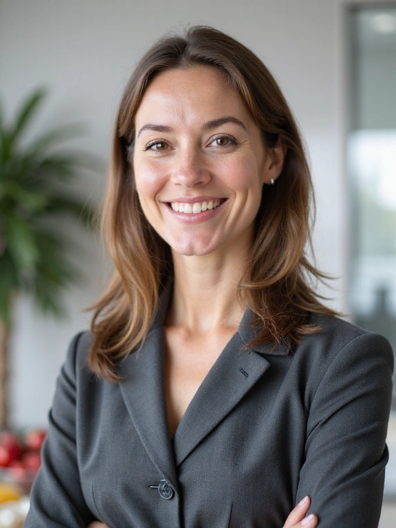 Portret Krystyny Kowalskiej, dietetyka, uśmiechniętej i profesjonalnej, w gabinecie z elementami zdrowej żywności w tle.