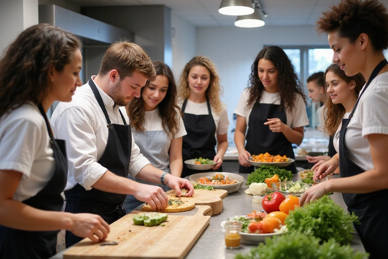 Group of people attending a healthy cooking workshop, with fresh ingredients and a chef demonstrating